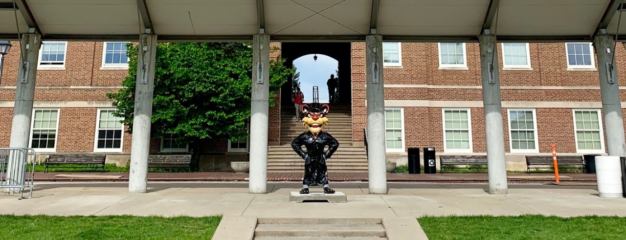 Image of McMicken Hall with Graduation Bearcat standing in front of steps.