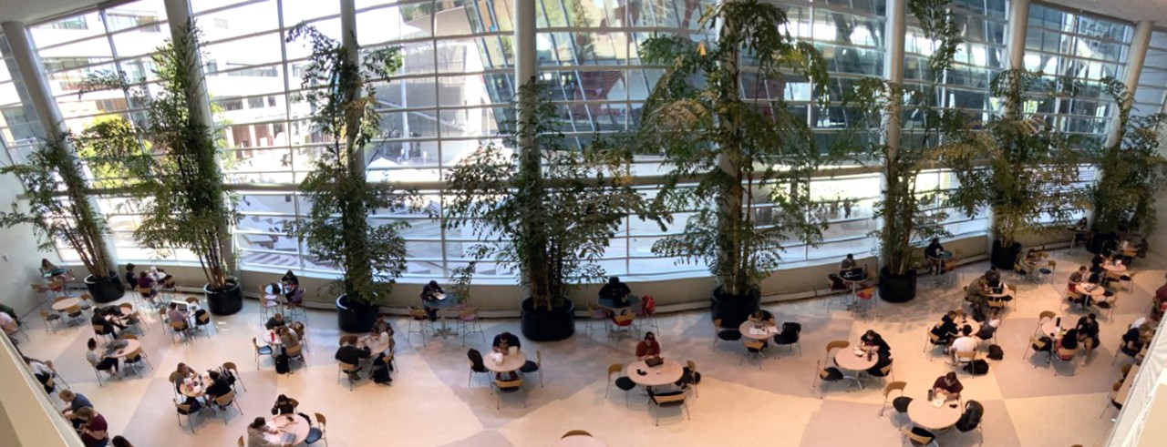 Overhead view of food court seating.