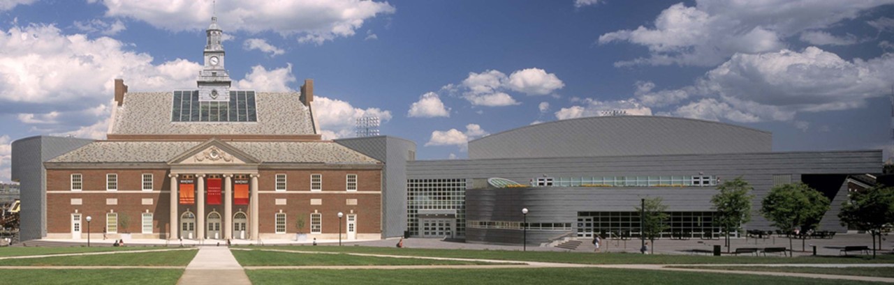 Panoramic view of Tangeman University Center on a partly cloudy day