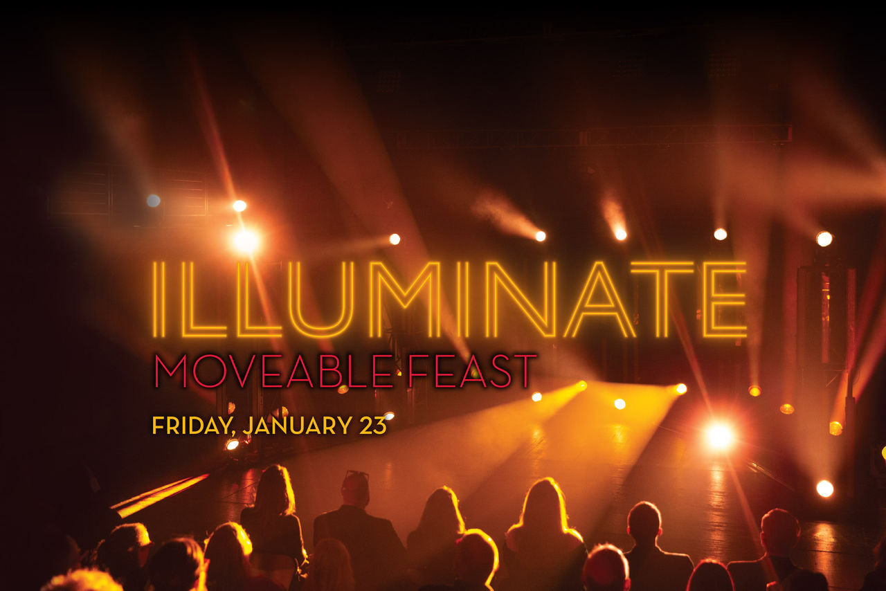 Golden light projections fill the Cohen Family Studio Theatre with text Illuminate: Moveable Feast, Friday, January 23