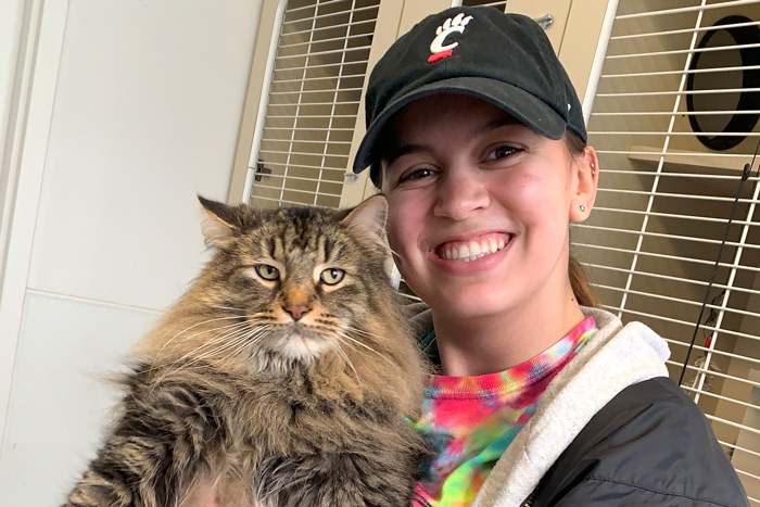 A UC student holds a cat at an animal shelter