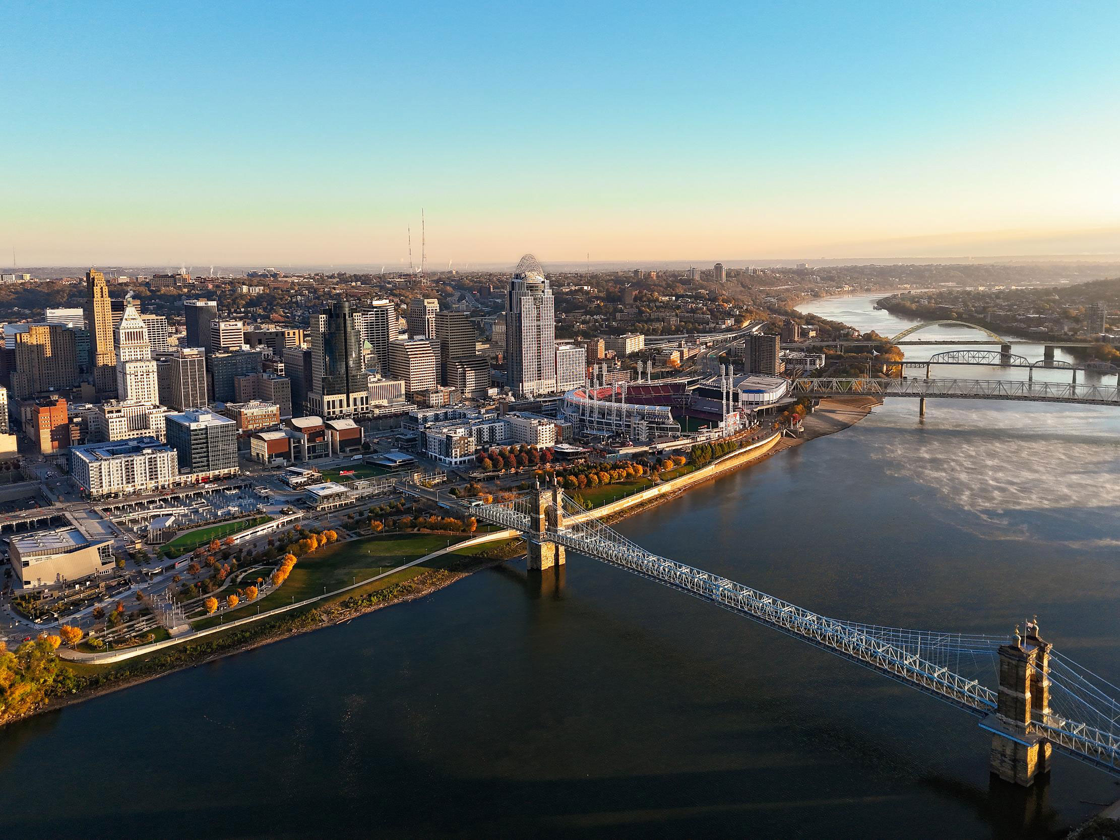 An aerial view of Cincinnati's skyline and the Ohio River