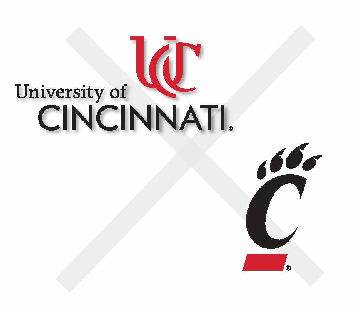 Graphic showing the incorrect use of a University of Cincinnati logo used alongside the University of Cincinnati Athletics logo