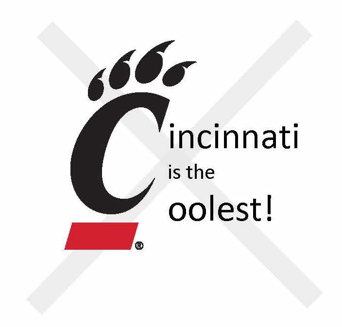 Graphic showing the incorrect use of a University of Cincinnati logo replacing letters or words in a graphic