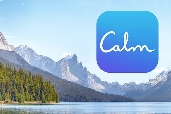 Calm app badge overlayed on calming landscape of mountain and water