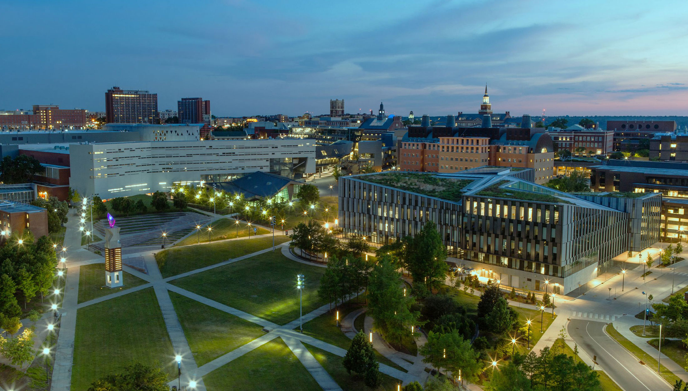 Aerial view of the University of Cincinnati campus at dusk