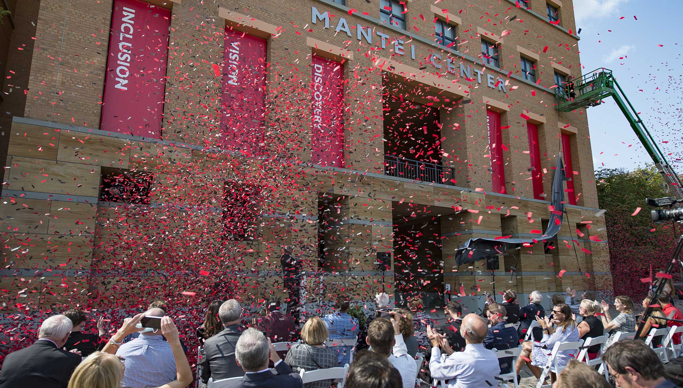 Confetti falls on a crowd at the University of Cincinnati