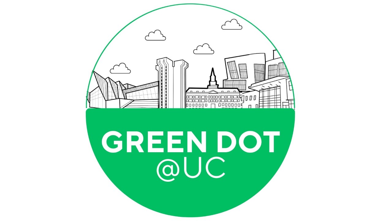 Circular logo with "Green Dot @ UC" text on a green background. Above, a black and white skyline of UC buildings with clouds is depicted.