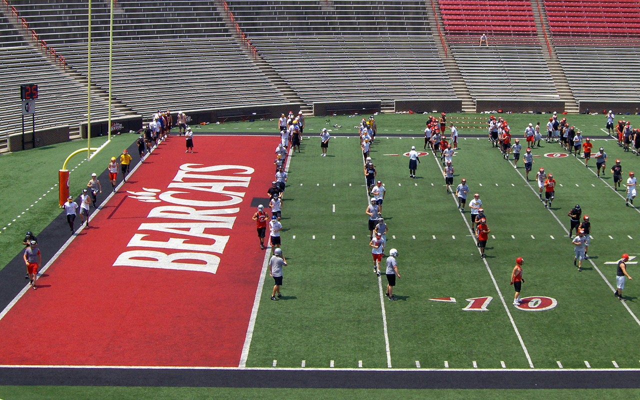 Football players attend camp at Nippert Stadium at the University of Cincinnati.
