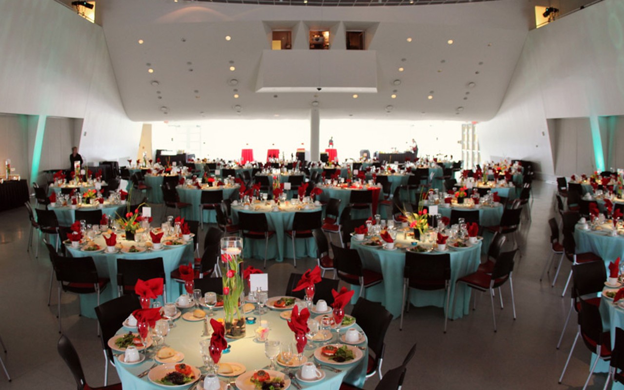 Banquet tables decorated for a wedding reception in Great Hall.
