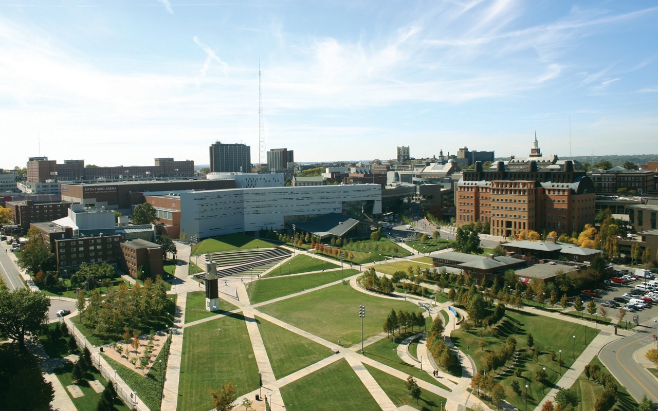 An aerial view of the campus green at the University of Cincinnati.