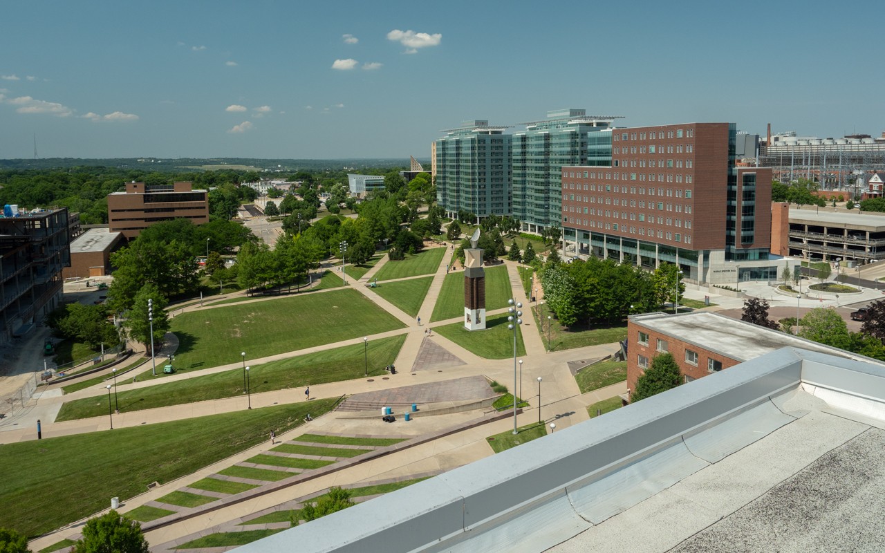 View of Campus Green looking north. Marian Spencer Hall, Scioto and Morgens halls are on the right