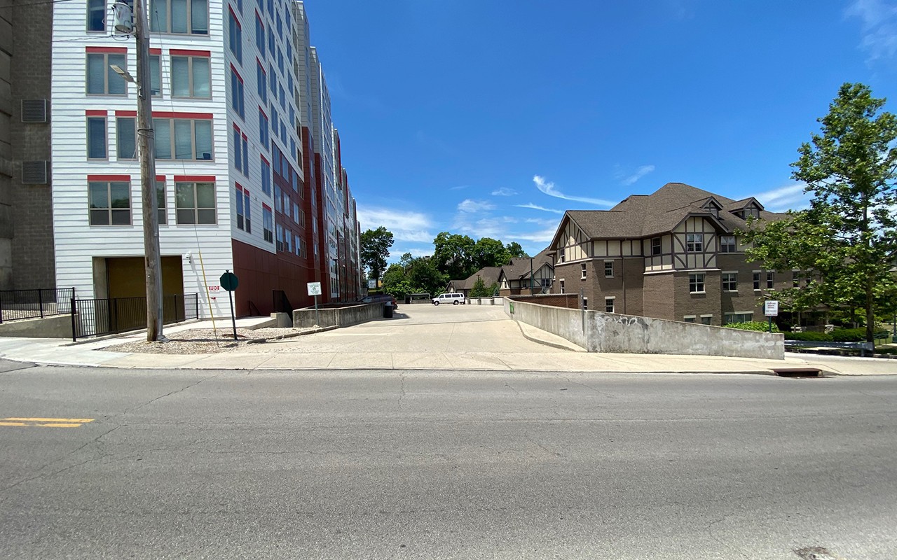 Entrance to Stratford Heights parking deck next to The Deacon's garage. 