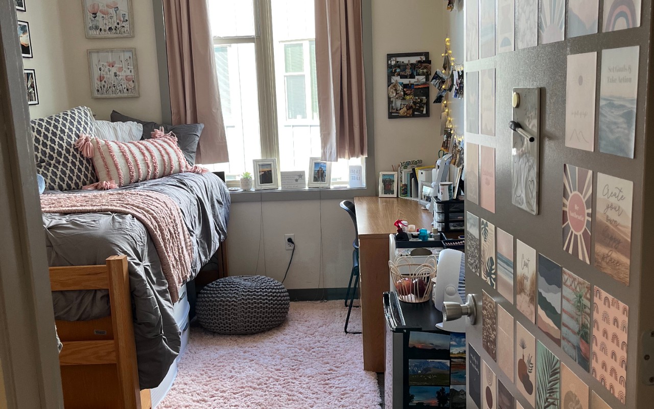 A photo of a nicely decorated dorm room in Schneider Hall.