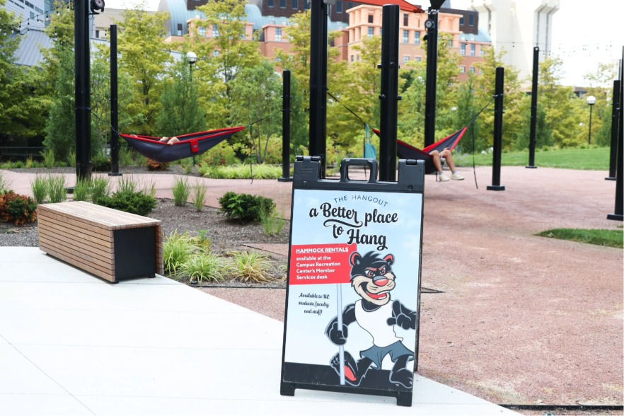 The Hangout, a popular place on campus for UC students to hang hammocks