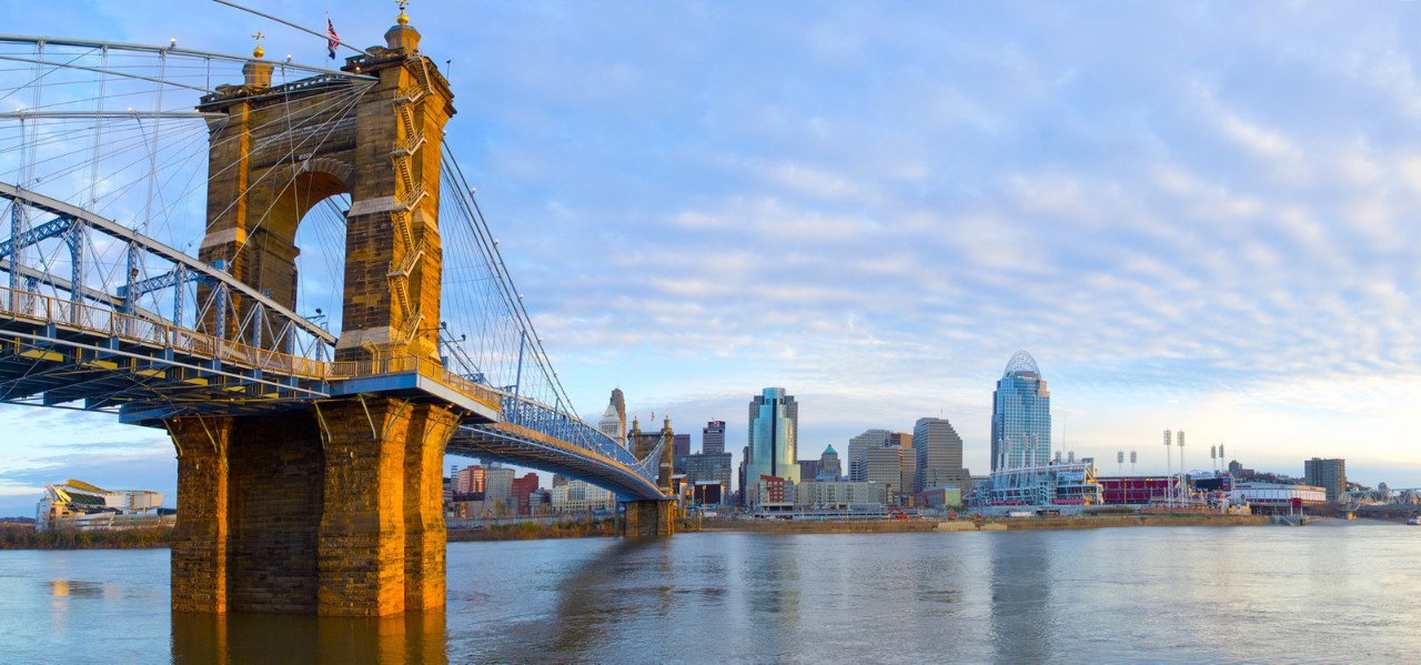 A photo of the Roebling Suspension Bridge in Cincinnati, Ohio.