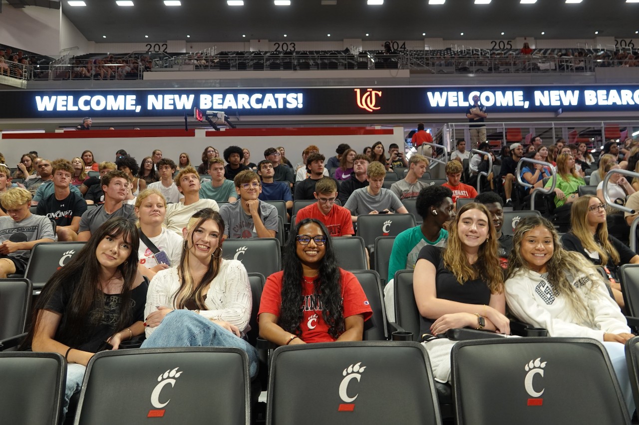 First-year students at an arena at UC in Cincinnati, Ohio, learn about college schedules