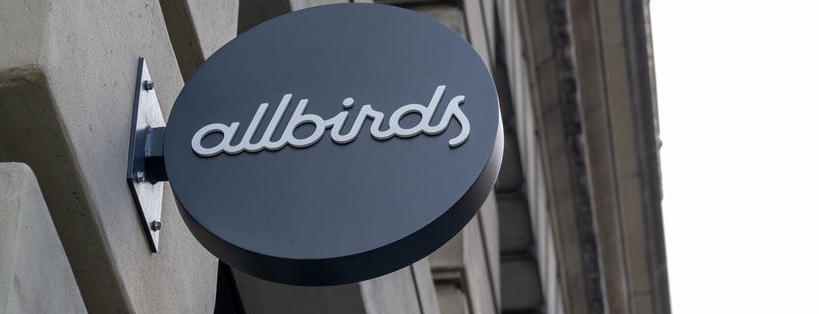 New York, NY, USA - August 22, 2022: Close up of  Allbirds shoe store projecting sign on the building in New York, NY, USA.