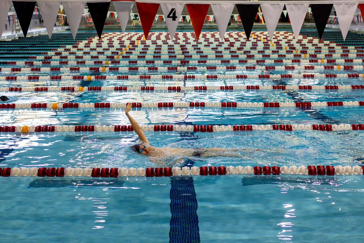 Swimmer backstroke swimming in lap lanes