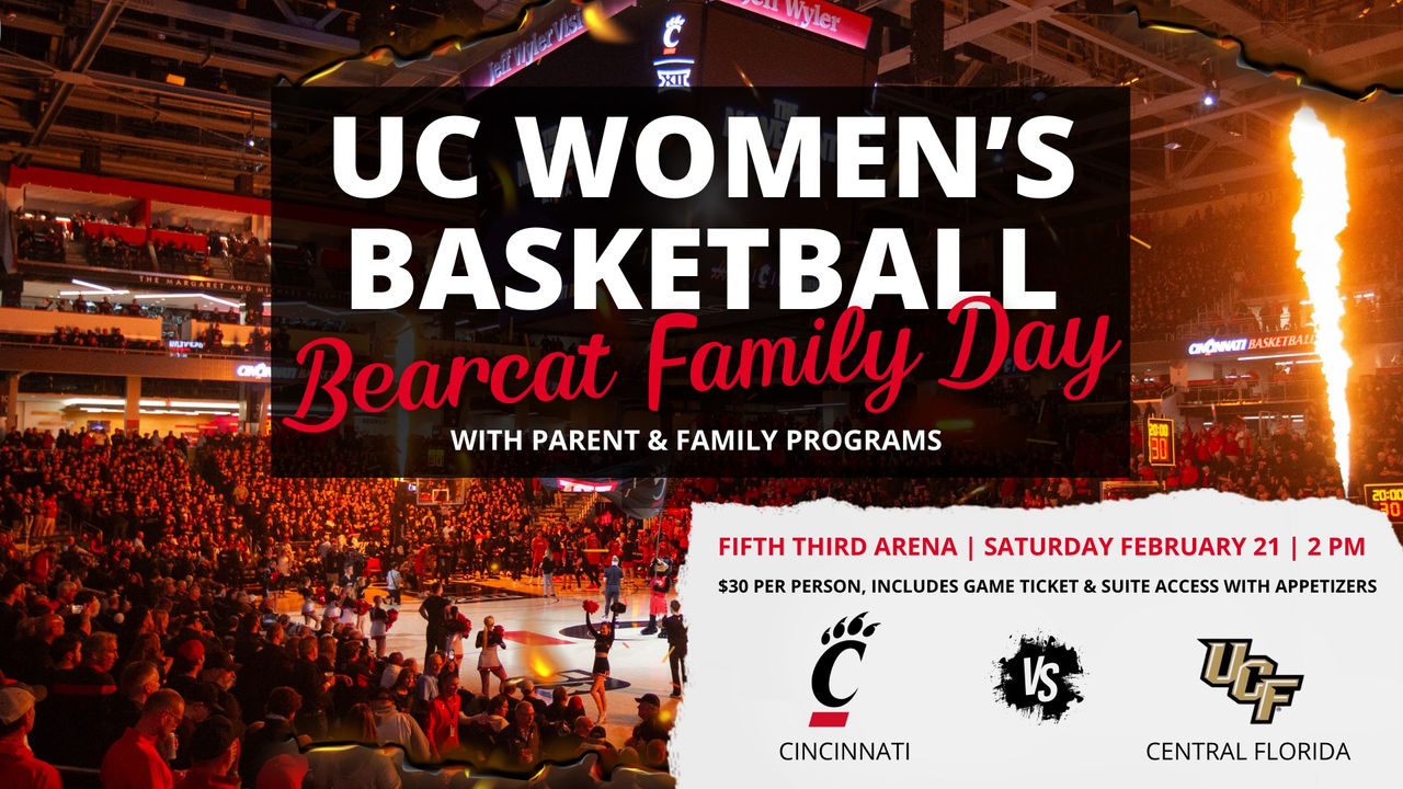 UC Women's Family Day Event Advertisement with a photo of pre-game introductions at Fifth Third Arena