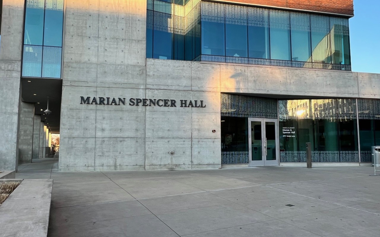 North facade of Marian Spencer hall with entrance to offices and On the Green (OTG) dining center