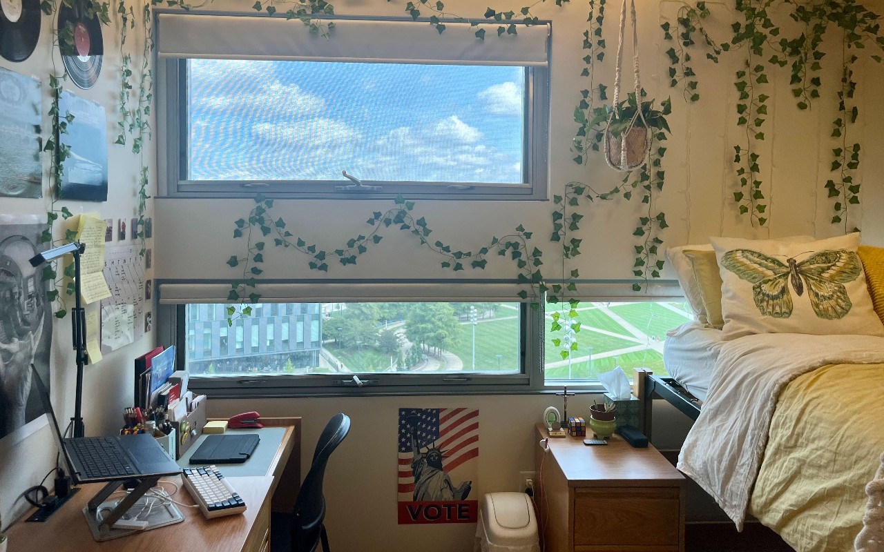 Bed on right, desk on left with vines hanging on windowed wall behind bed.