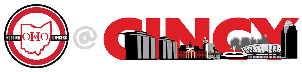 Ohio housing officers logo with Cincy drawing of campus and downtown architectural features