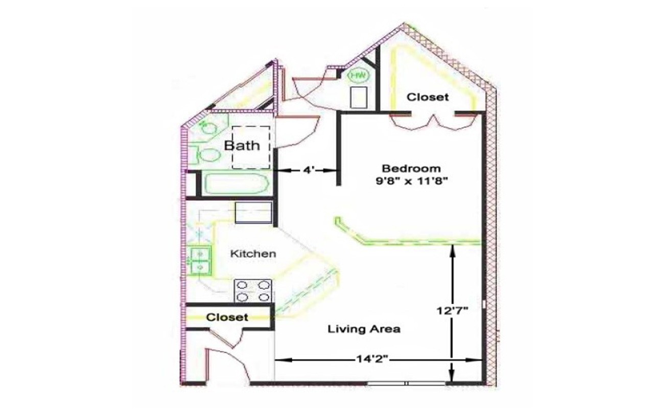 Floor plan of Bellevue Studio featuring a bedroom, kitchen, bathroom with shower and living area.