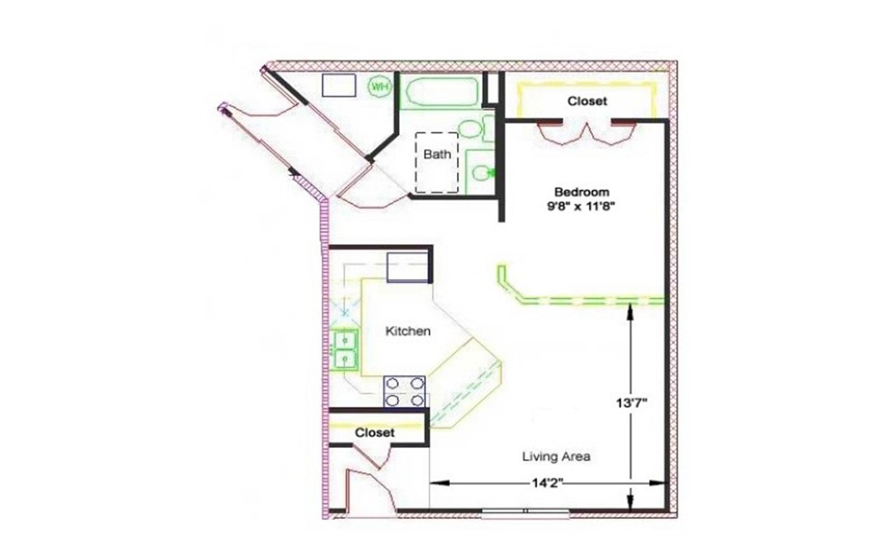 Floor plan of Bellevue Studio featuring a bedroom, kitchen, bathroom with shower and living area.