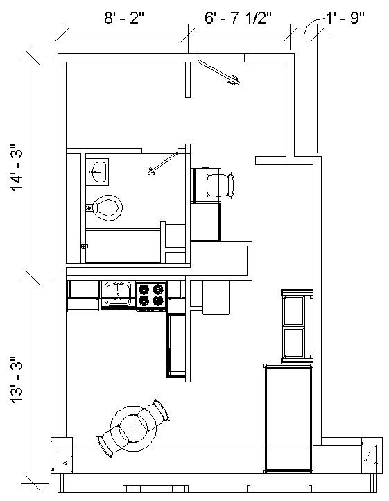 Floor plan with dimensions showing one bed, a kitchen area with table, closet and bathroom
