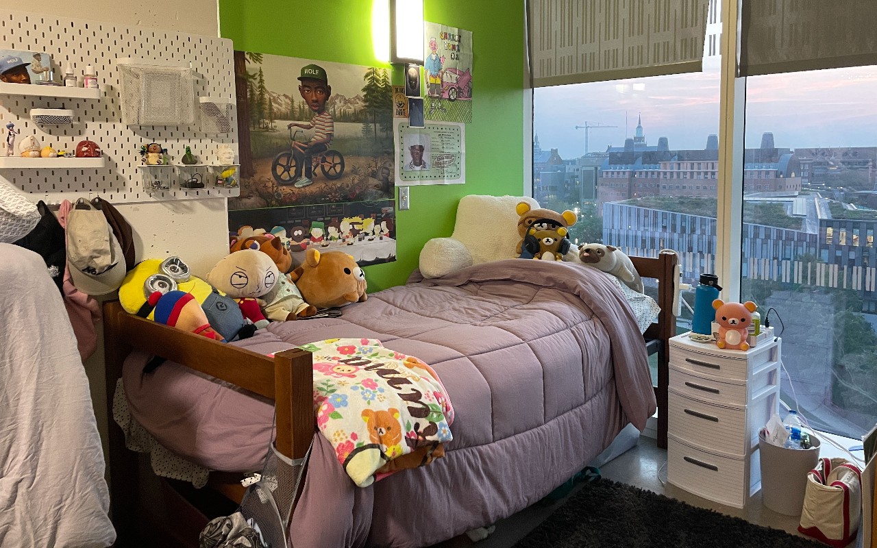 Scioto Dorm room with window view of Campus and decorated bed 