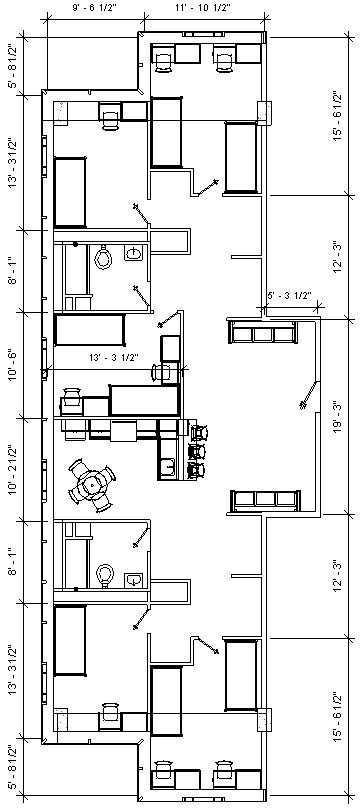 Floor plan of Scioto 8-person room showing 3 bedrooms for 2, each with 2 beds and 2 desks, and 2 single bedrooms with 1 bed and 1 desk, kitchen area with table, common area, 2 full bathrooms and closets