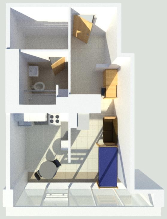 Floor plan showing one bed, a kitchen area with table, closet and bathroom