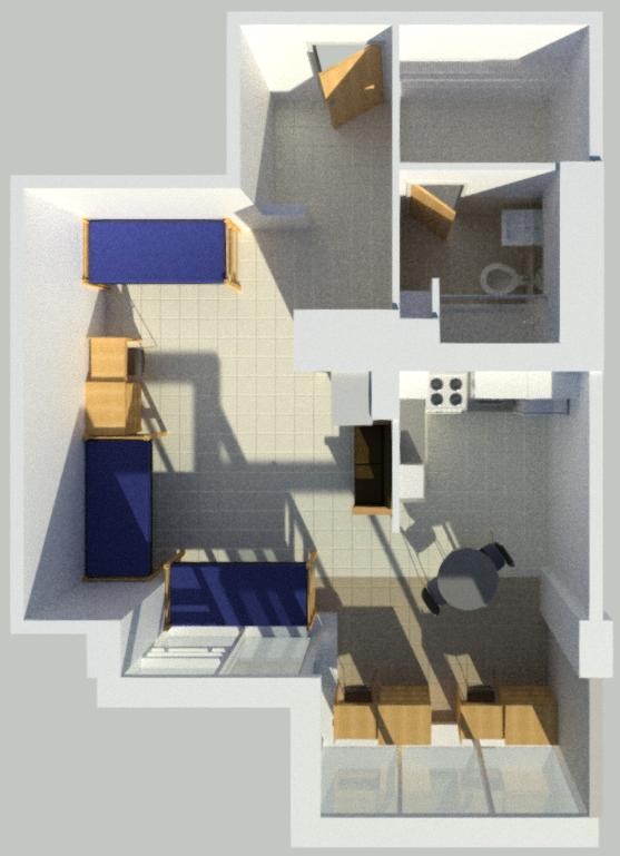 Floor plan of Scioto 3-person room  showing 3 beds, 3 desks, kitchen area with table, a full bathroom and a closet