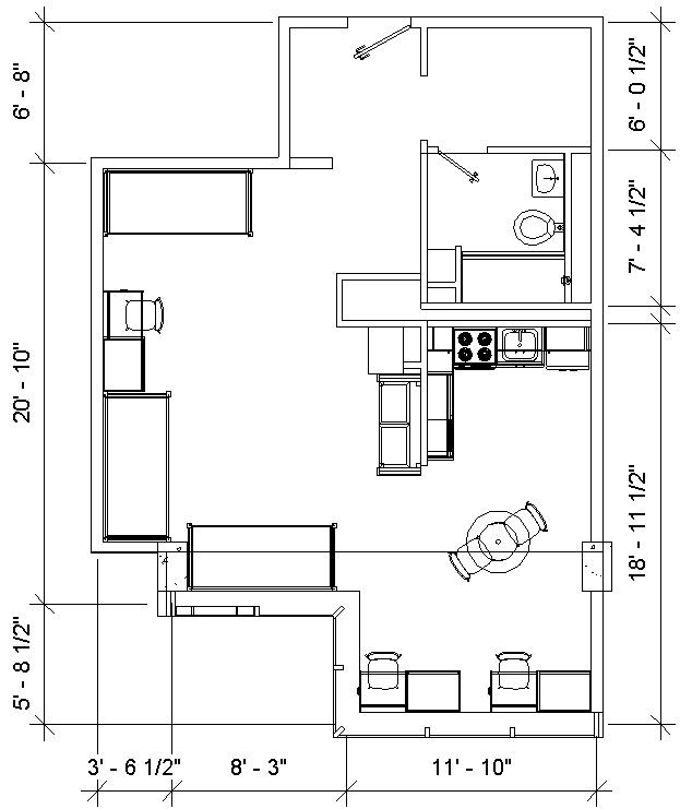 Floor plan of Scioto 3-person room  with dimensions showing 3 beds, 3 desks, kitchen area with table, a full bathroom and a closet