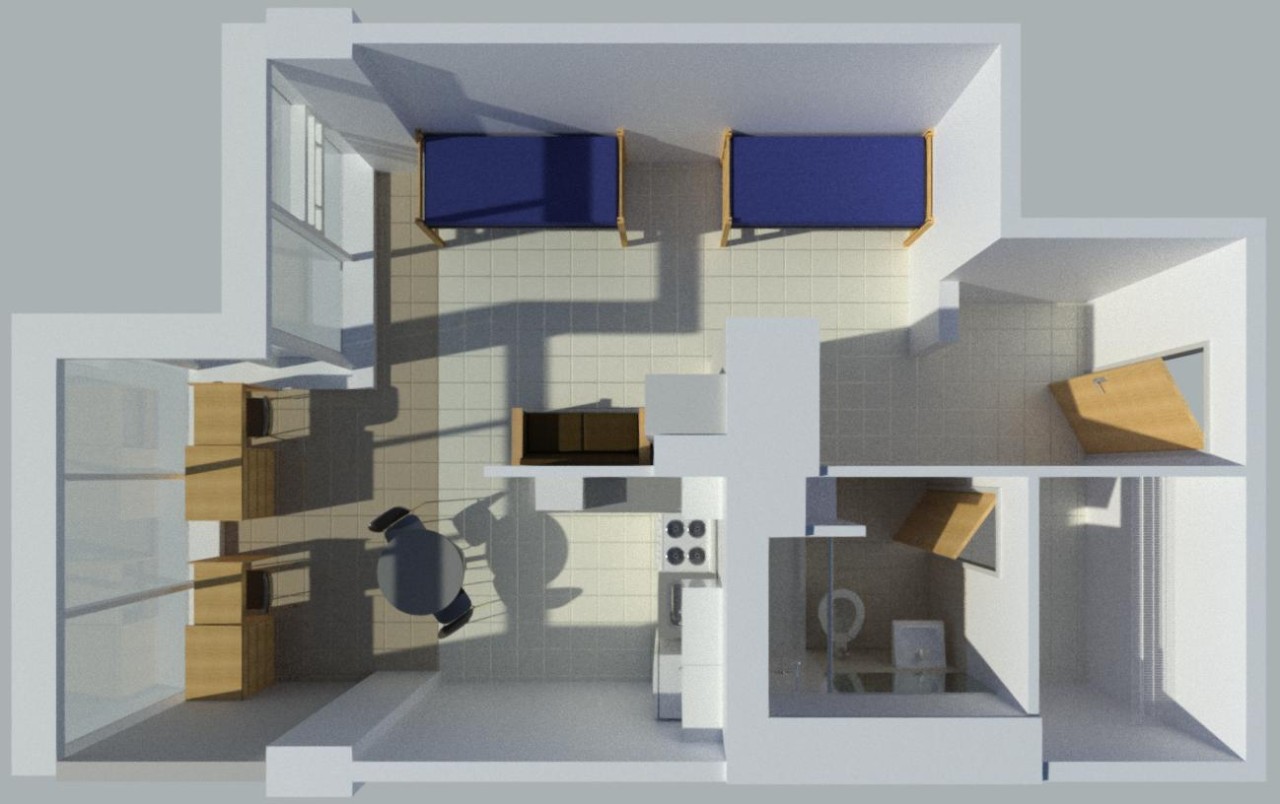 Floor plan of Scioto 2-person room showing 2 beds, 2 desks, a full bathroom and a closet