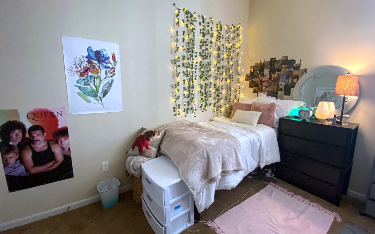 Twin bed rests along wall with decorations at the head of the bed. A  drawer sits next to the head of the bed.