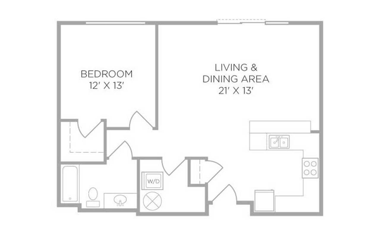 A floor plan of a one bedroom apartment in U Square. To the right of the entryway is the kitchen that opens up to the living room and dining area. To the left of the entryway is a closet, and a hallway. On the left is the washer-dryer utility room and a full bathroom. On the right in the hallway is a bedroom with a walk-in closet.