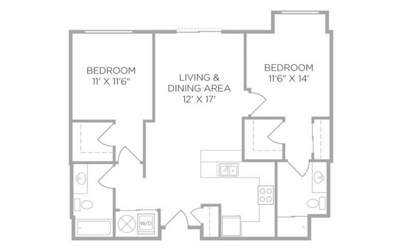 Floor plan of a two bedroom apartment in U Square. To the right of the entryway is the kitchen that opens up to the living room and dining area. To the left of the entryway is a utility closet with a washer-dryer. A full bathroom is next to the utility room. A bedroom with a walk-in closet is next to the full bathroom. The second bedroom is located to the right of the living room. The bedroom contains a walk-in closet and a private bathroom.
