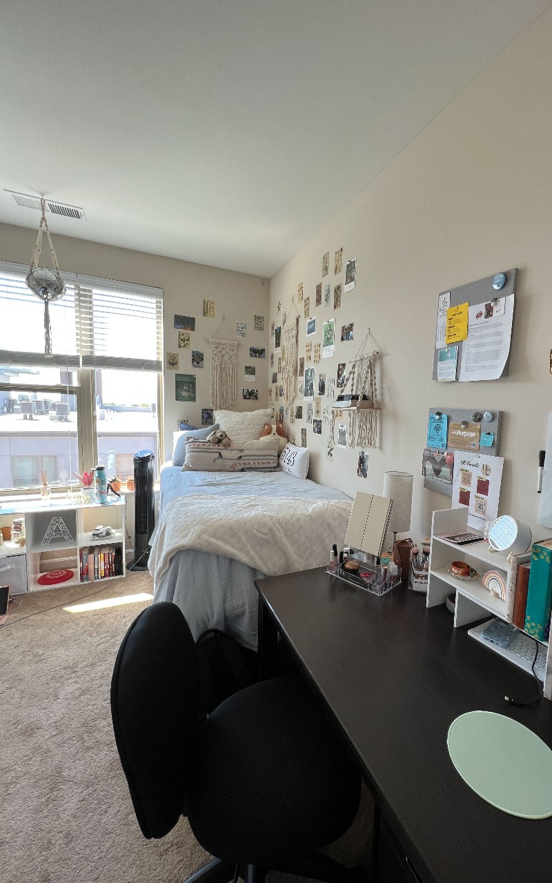 U Square doom room decorated with pictures on the wall and hanging greenery 