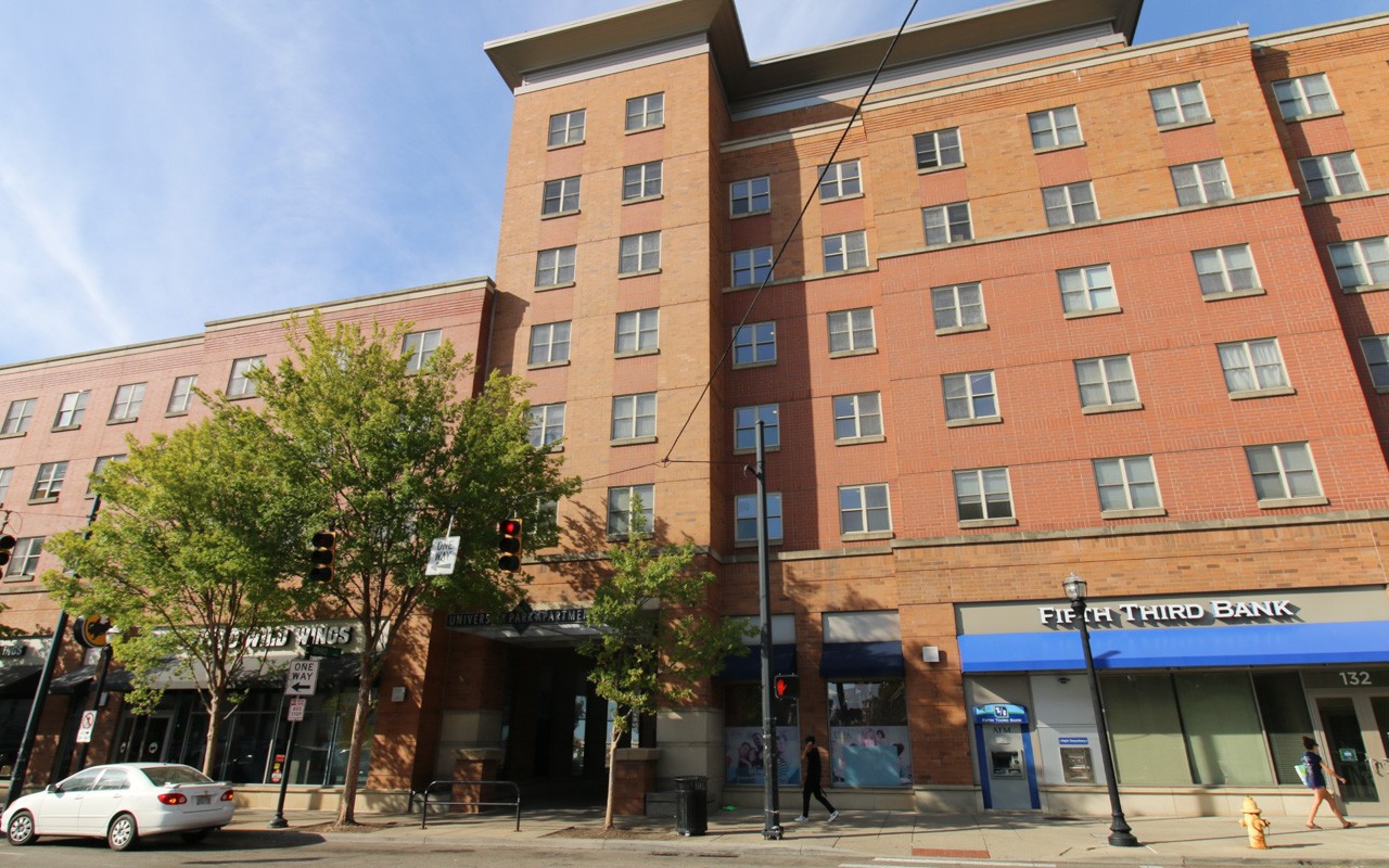 Street view of exterior of University Park Apartments.