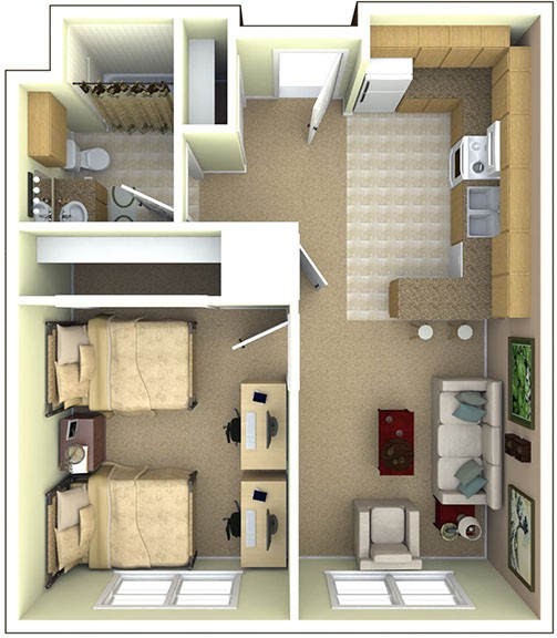 Floor plan for 2-person, 1-bedroom apartment in UPA