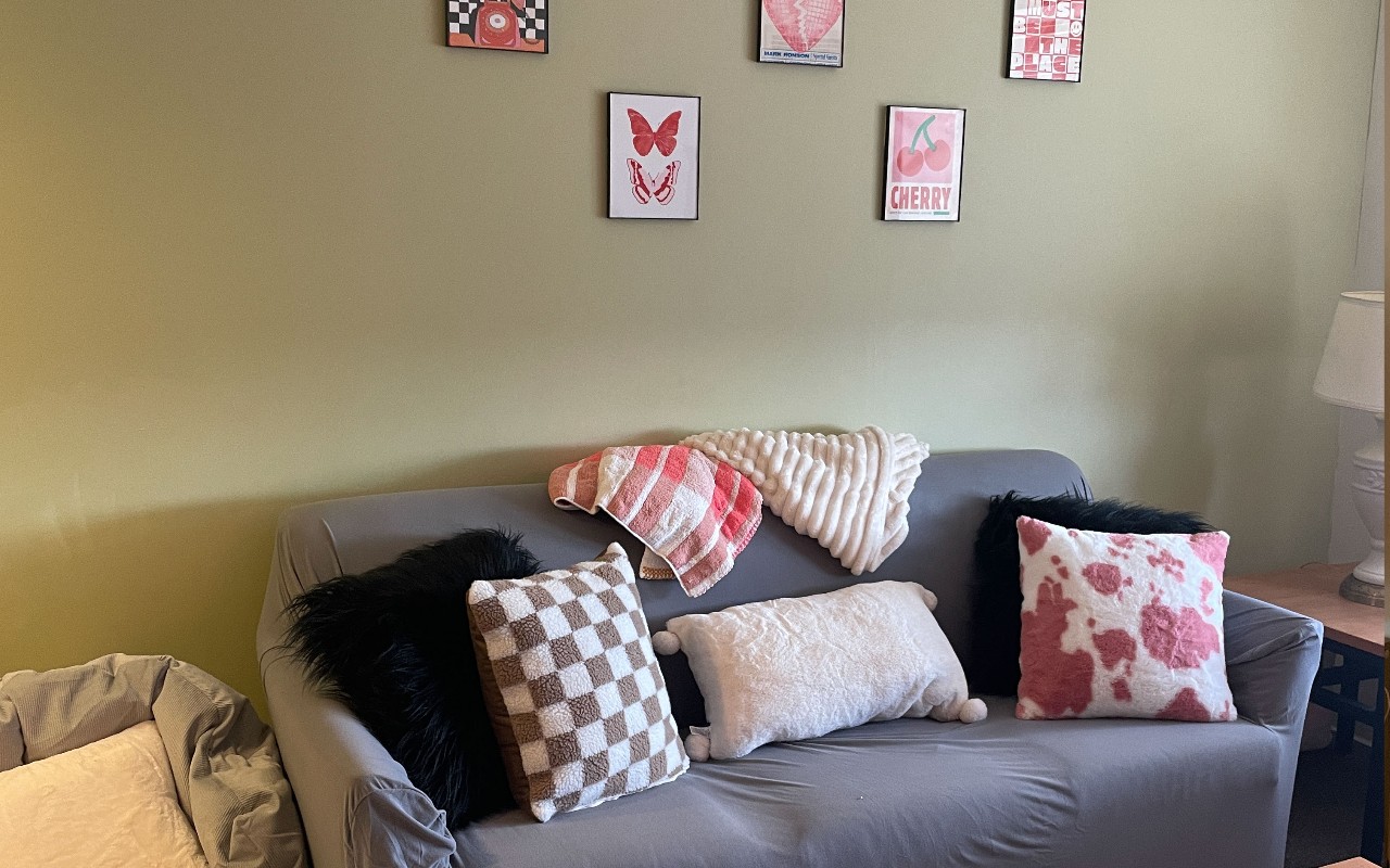 UPA dorm living area decorated with couch and decorative pillows 