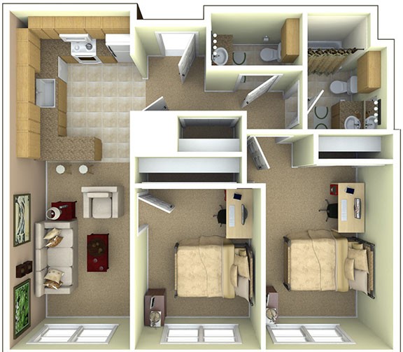 Floor plan for 2-person, 2-bedroom, 1.5-bath apartment