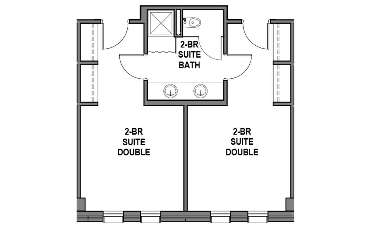 Floor plan of a two double bedroom suite in Marian Spencer. There are two entryway doors, one for each double bedroom. Near the entry door are two closets. The shared bathroom is in between the two double bedrooms. There are windows on the exterior wall.
