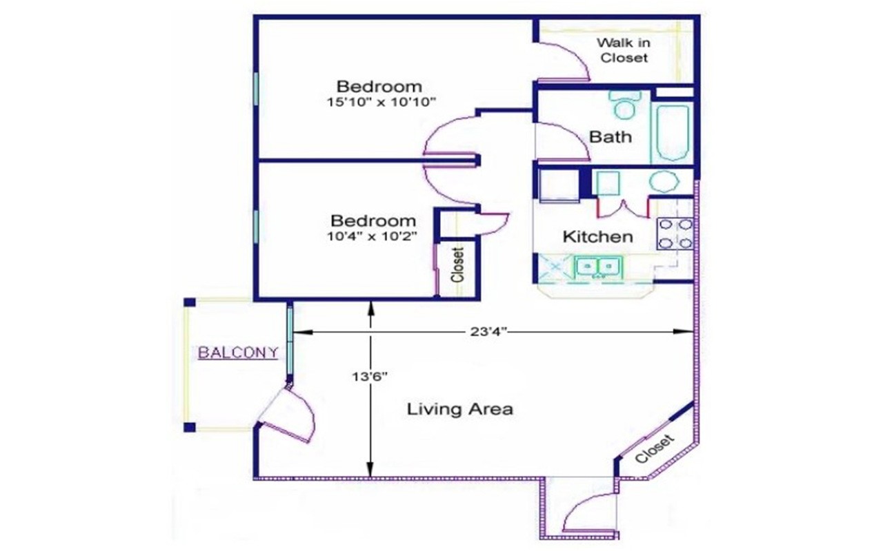 Floor plan of a two bedroom apartment in Bellevue Gardens. The entryway opens into the living room. There is a closet to the right of the entryway. The kitchen is in front of the living room. Next to the kitchen is a bathroom. Across from the kitchen are two bedrooms.  The bedroom on the right has a walk-in closet and the bedroom on the left has a standard closet. There is a balcony accessible form the living room.