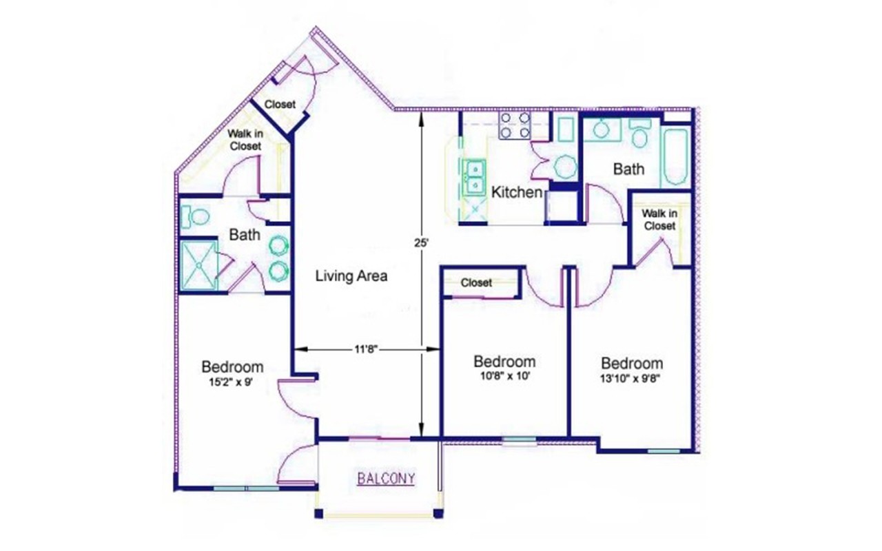 Floor plan of a three bedroom apartment in Bellevue Gardens. To the right of the entryway is a closet. The entryway opens into the living room. To the right of the living room is a bedroom with a private bath and walk-in closet. To the left of the living room is the kitchen and a hallway leading to a bathroom next to the kitchen. Across from the bathroom are two bedrooms. One bedroom has a standard closet and the other has a walk-in closet. The balcony is accessible from the living room.