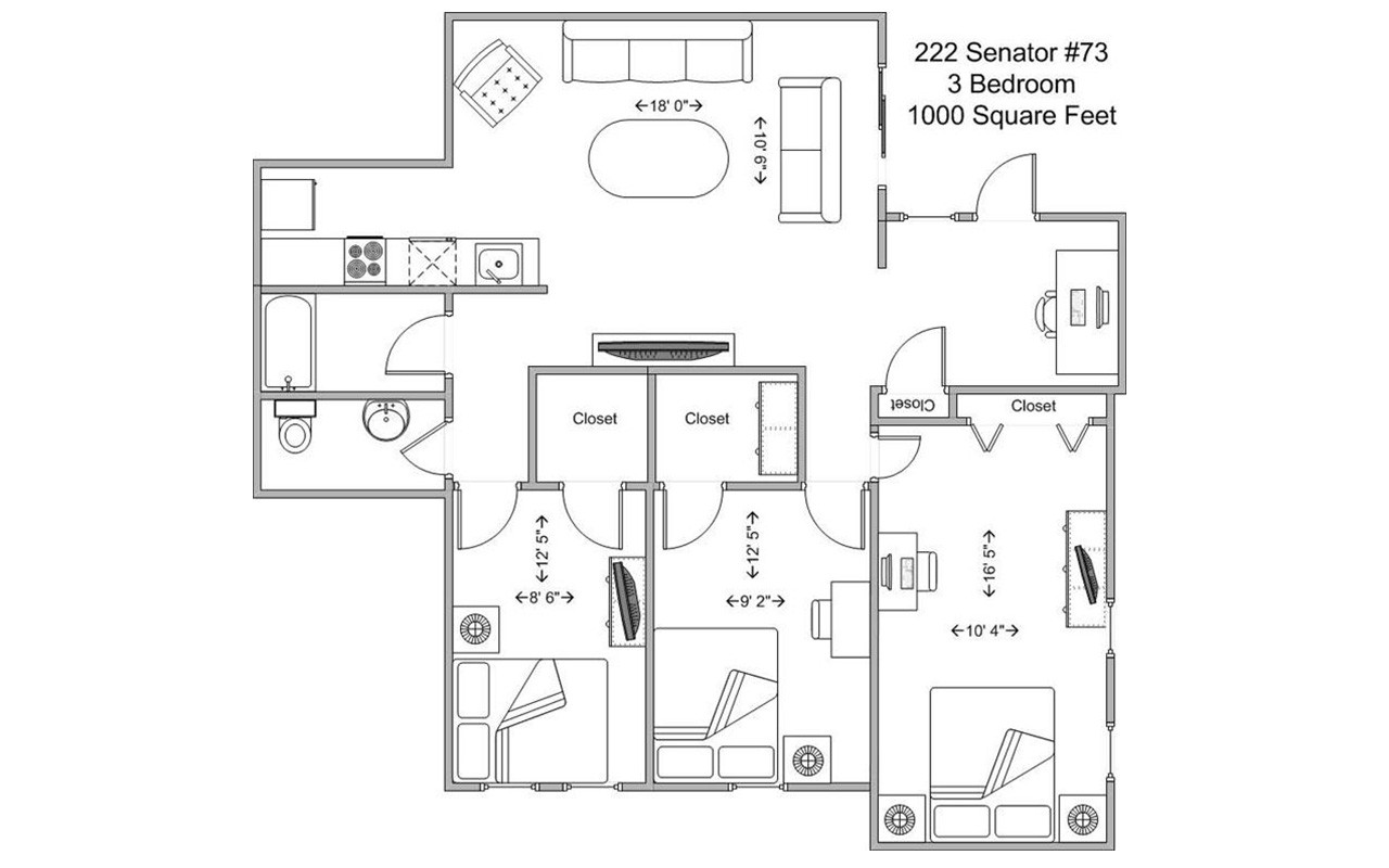 Floor plan of a three bedroom apartment in Senator Place. The entryway opens into a desk area where there is a closet. To the right of the entryway is an open plan living room and kitchen. Next to the kitchen is a full bathroom. Next to the full bath is a half bathroom. next to the bathroom is one bedroom with a closet. On the other side of the living room next tot he desk area are two bedrooms with one closet each..