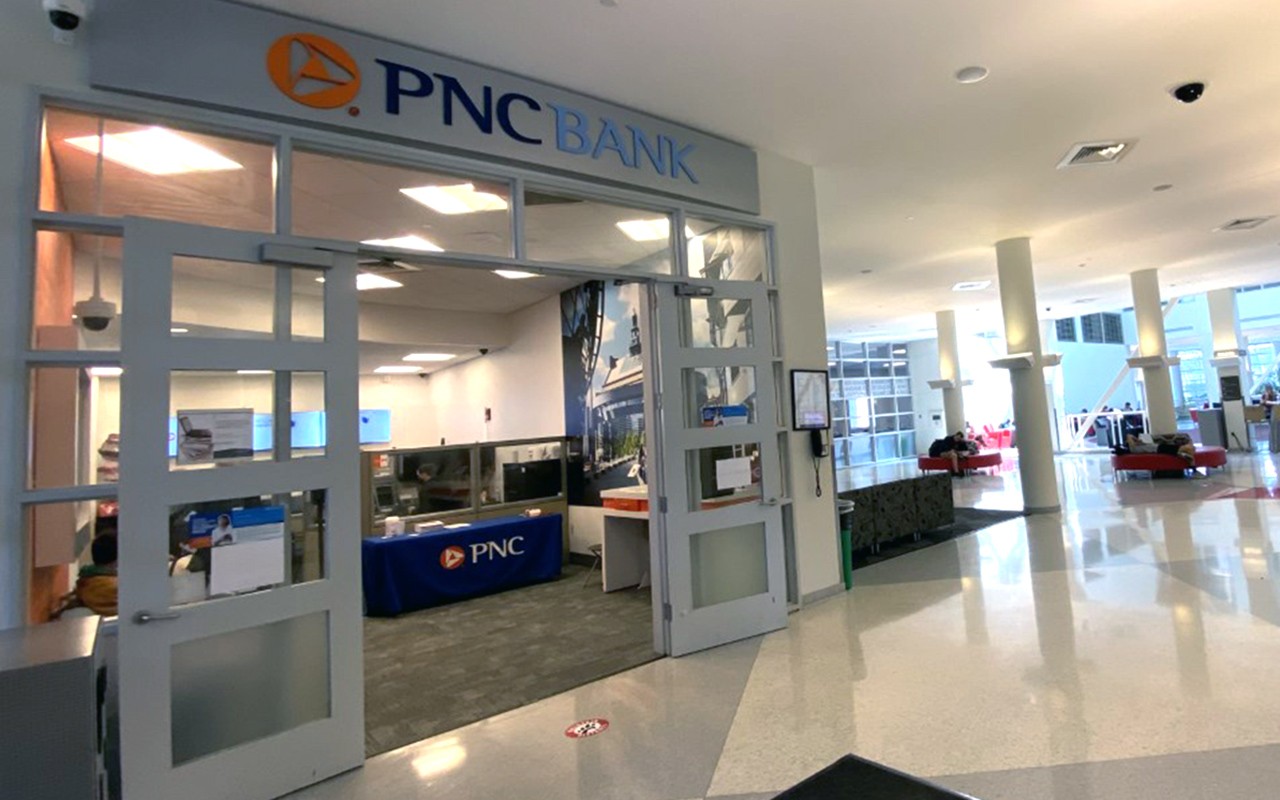 The PNC Bank branch office is immediately to the left in the main lobby of TUC.