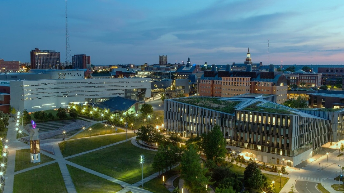 Campus Recreation Center, Green Space, MainStreet, Twilight, Aesthetic, Bold, Stock
A view of campus at twilight from the rooftop of Morgens Hall.